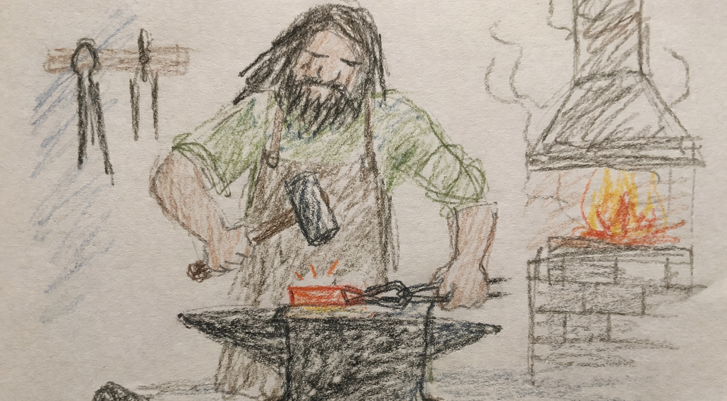 Blacksmith forging a new hammer with an older, scarred hammer