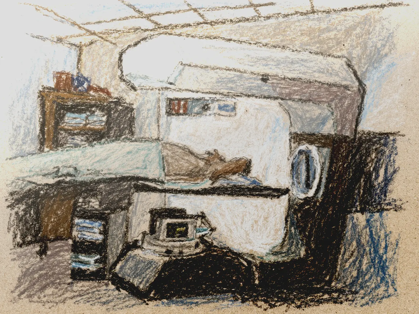 Pastel sketch of the Therac-25 radiation therapy machine in a treatment room.