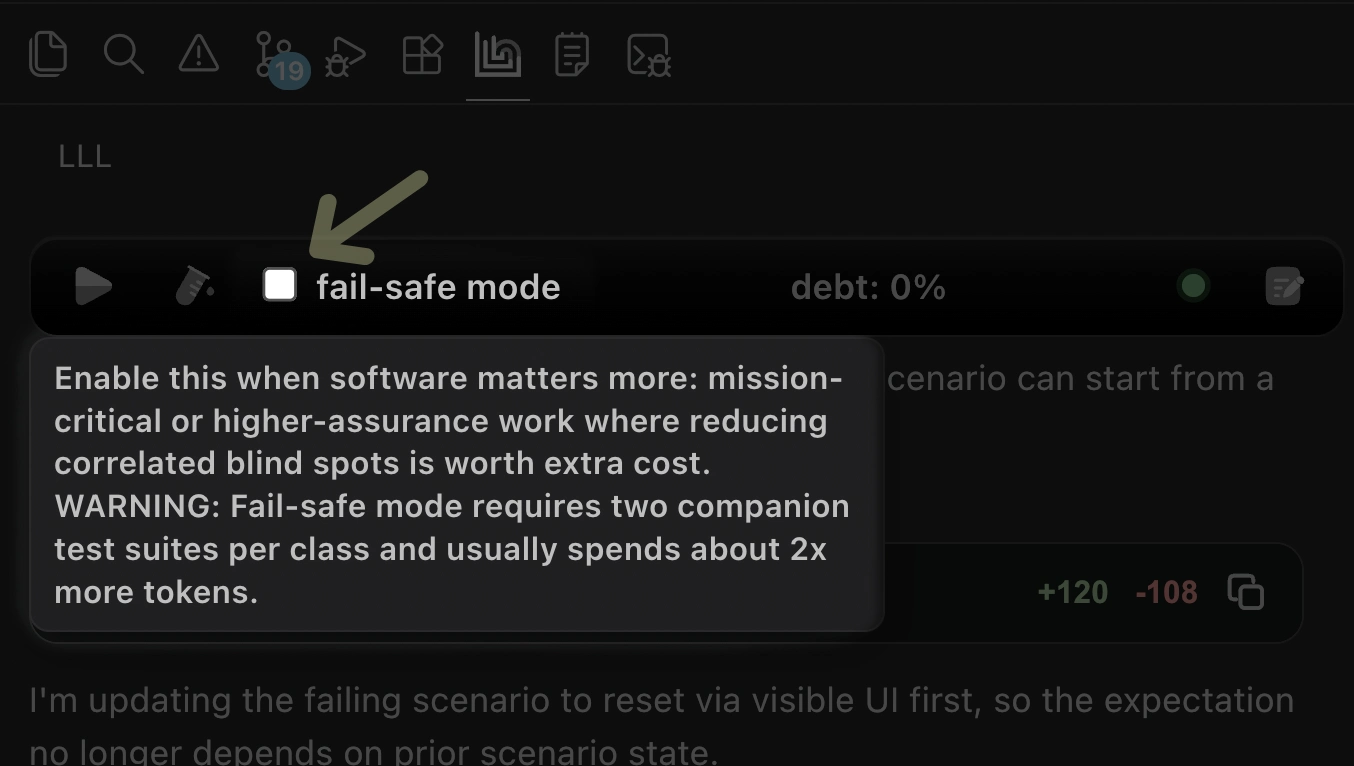 VS Code fail-safe mode toggle with an explanation that the mode requires two companion test suites per class.